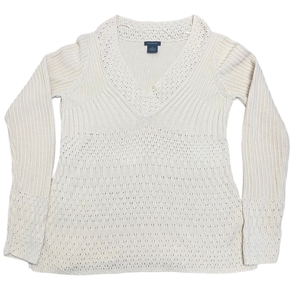 Calvin Klein Jean Women’s Large Ivory Long Sleeve Knit V Neck Top 100% cotton - Picture 3 of 9